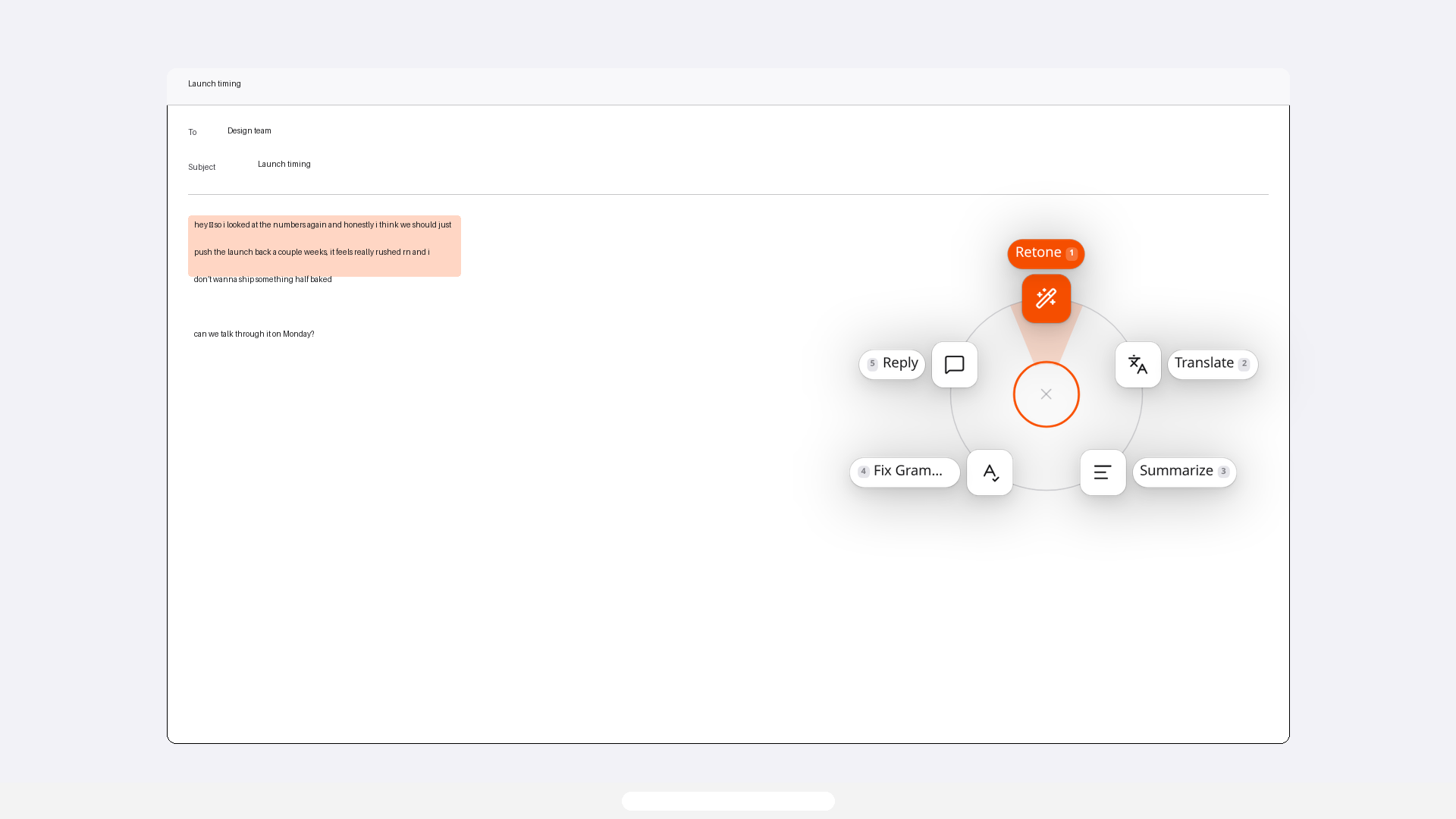Lightphrase action wheel with Retone selected over an example email draft